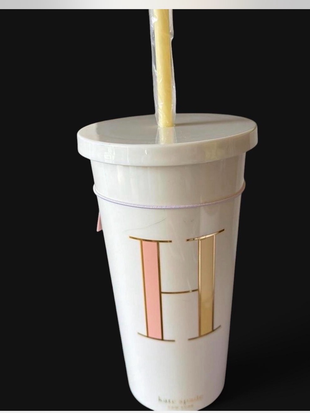 Kate Spade  Monogram H White Travel Tumbler with Pink and Gold Accent new